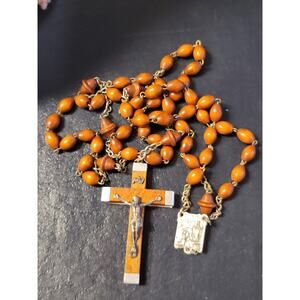 Vintage 1950's French Lourdes Centenary Relic Crucifix Rosary French. Wooden.